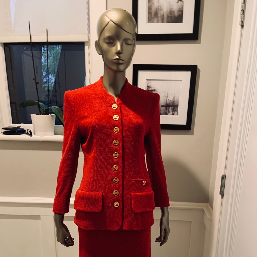 SONIA RYKIEL Skirt Jacket SUIT Red Boucle 6/8